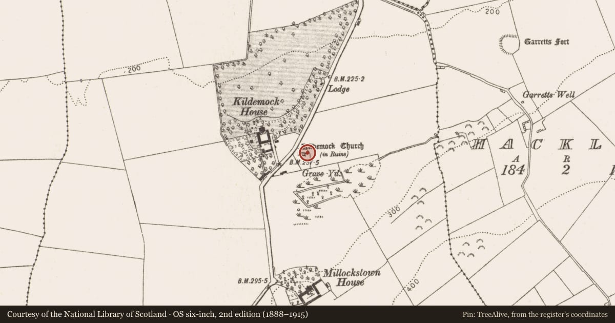 Ordnance Survey six-inch map, 2nd edition (1888–1915) covering the location of Cross-slab, Millockstown, County Louth, with a pin at the register's coordinates