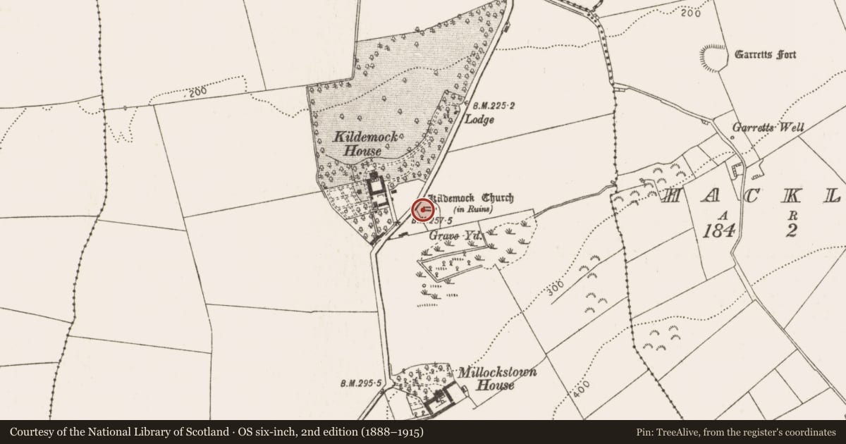 Ordnance Survey six-inch map, 2nd edition (1888–1915) covering the location of Cross-slab, Millockstown, County Louth, with a pin at the register's coordinates