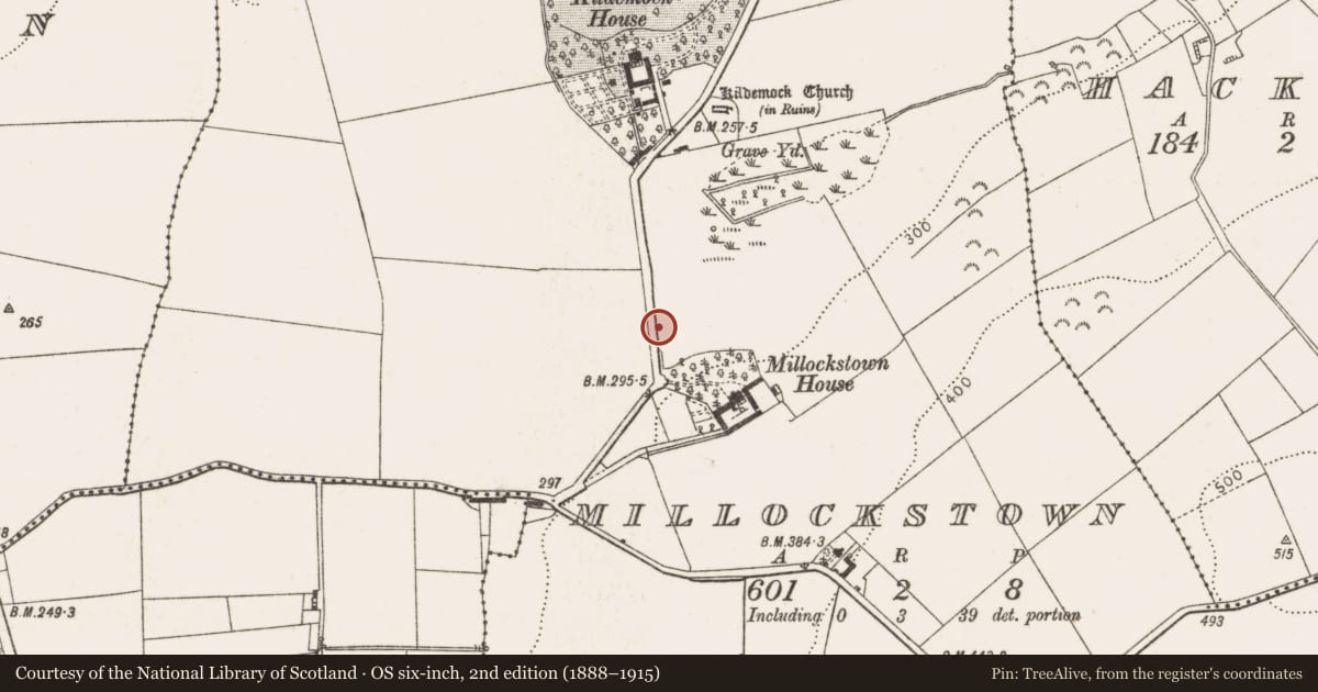 Ordnance Survey six-inch map, 2nd edition (1888–1915) covering the location of Ritual site - holy well, Millockstown, County Louth, with a pin at the register's coordinates