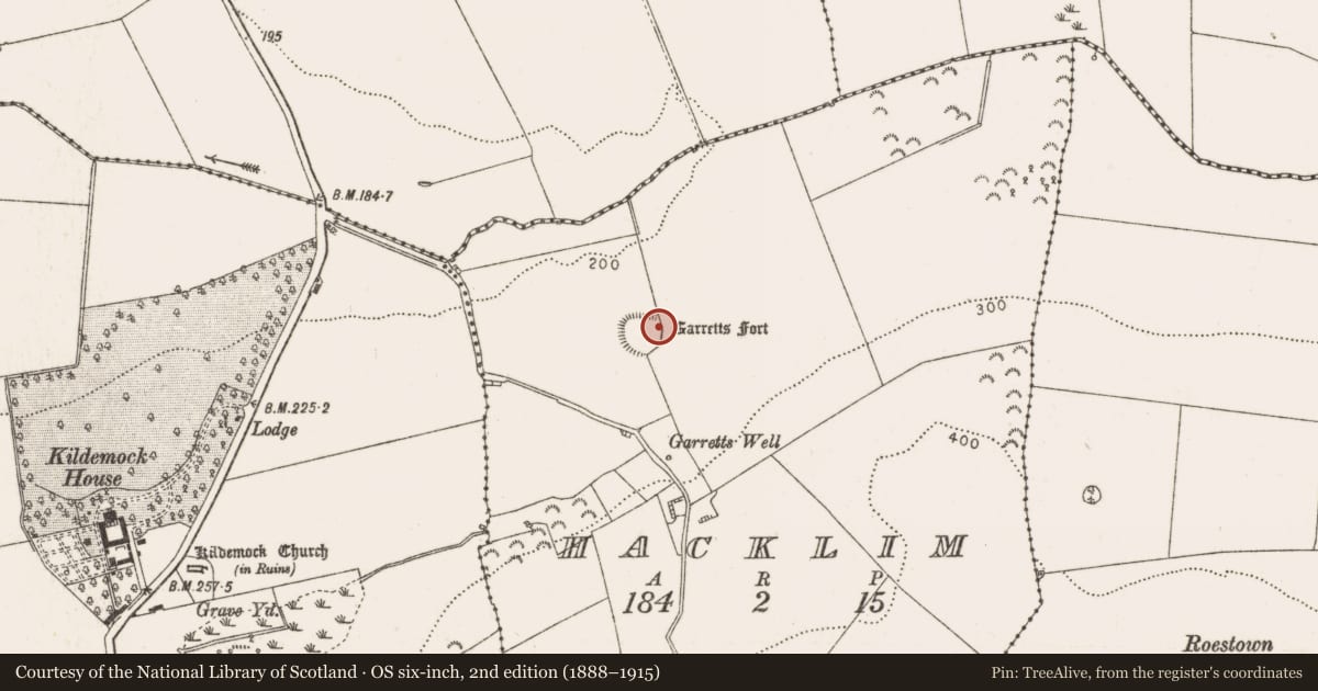 Ordnance Survey six-inch map, 2nd edition (1888–1915) covering the location of Souterrain, Hacklim, County Louth, with a pin at the register's coordinates