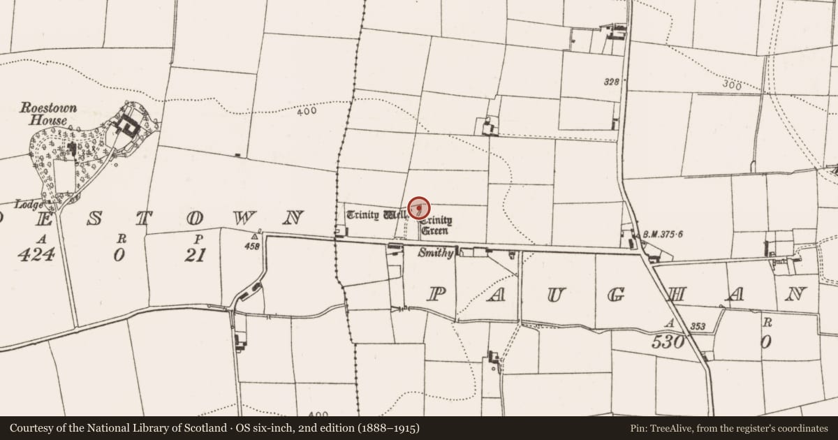 Ordnance Survey six-inch map, 2nd edition (1888–1915) covering the location of Ritual site - holy well, Paughanstown (Ardee by, County Louth, with a pin at the register's coordinates