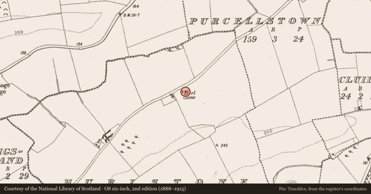 Ordnance Survey six-inch map, 2nd edition (1888–1915) covering the location of Holed stone, Hurlstone, County Louth, with a pin at the register's coordinates