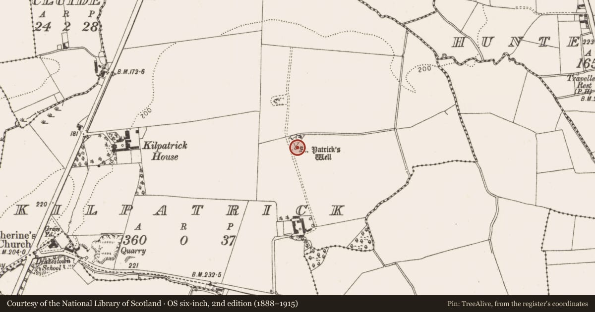Ordnance Survey six-inch map, 2nd edition (1888–1915) covering the location of Ritual site - holy well, Kilpatrick, County Louth, with a pin at the register's coordinates