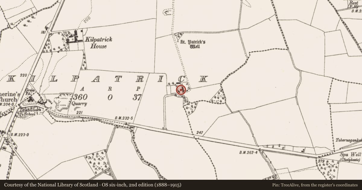 Ordnance Survey six-inch map, 2nd edition (1888–1915) covering the location of Architectural fragment, Kilpatrick, County Louth, with a pin at the register's coordinates