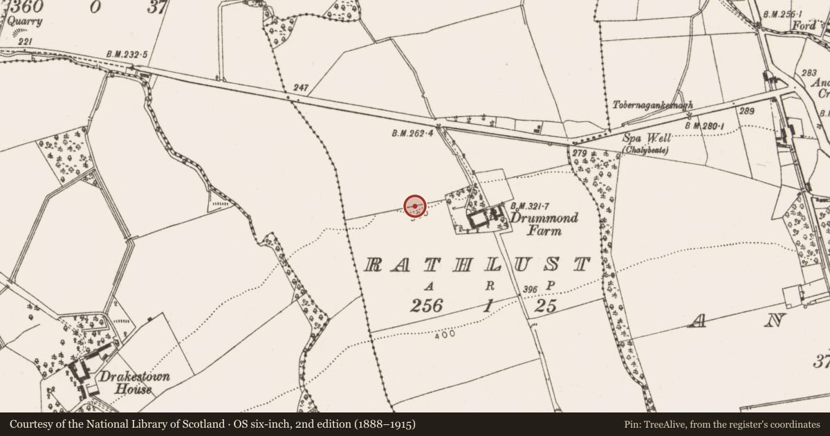 Ordnance Survey six-inch map, 2nd edition (1888–1915) covering the location of Ritual site - holy well, Rathlust, County Louth, with a pin at the register's coordinates
