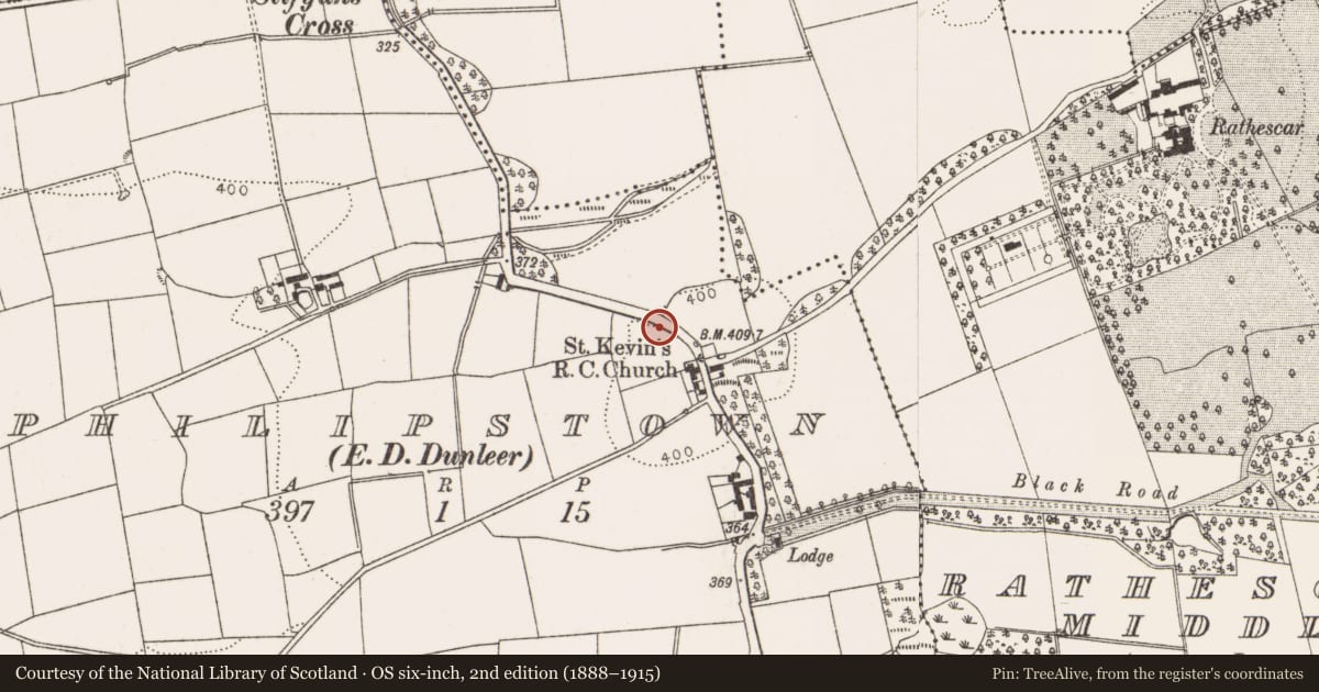 Ordnance Survey six-inch map, 2nd edition (1888–1915) covering the location of Ritual site - holy/saint's stone, Philipstown (Ardee By., Mosstown Par.), County Louth, with a pin at the register's coordinates