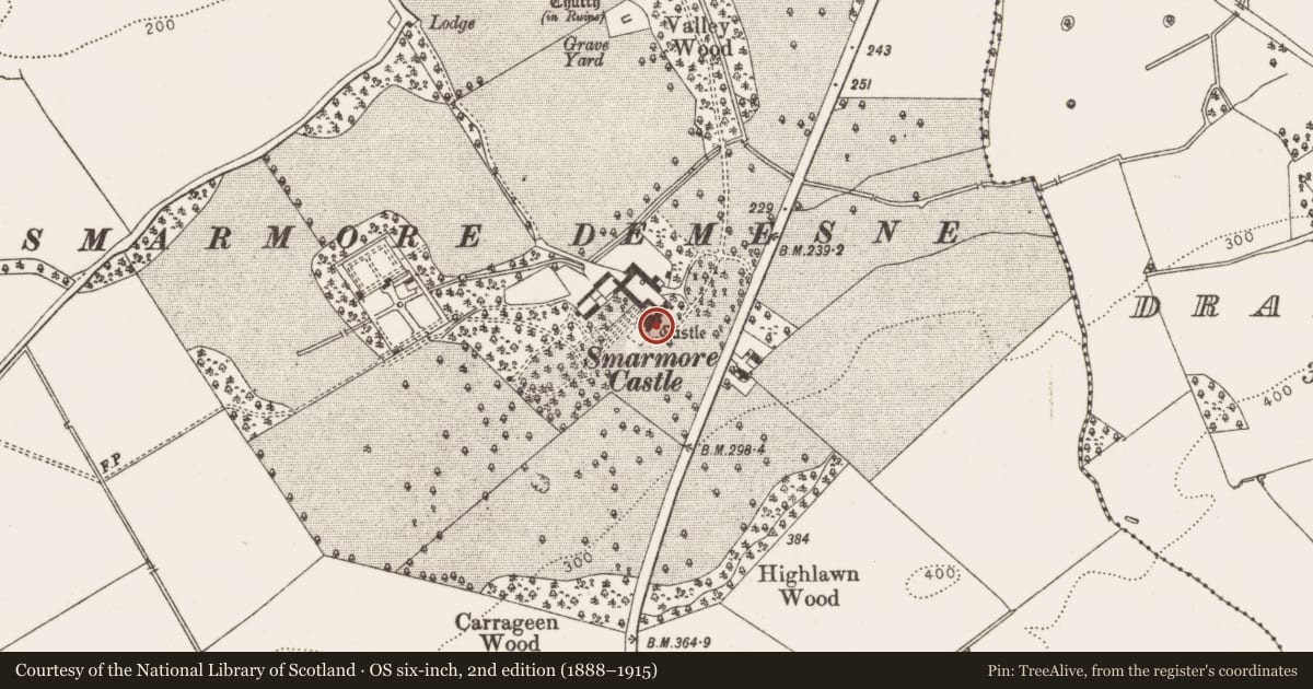Ordnance Survey six-inch map, 2nd edition (1888–1915) covering the location of Castle - tower house, Smarmore, County Louth, with a pin at the register's coordinates