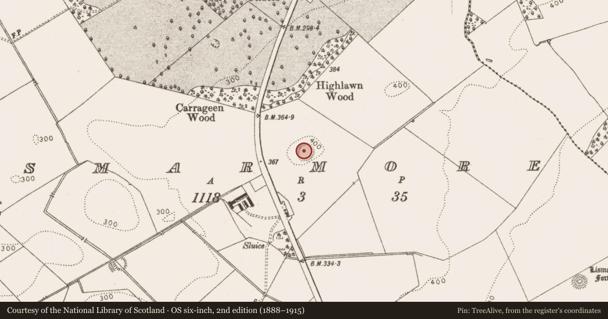 Ordnance Survey six-inch map, 2nd edition (1888–1915) covering the location of Ringfort - rath, Smarmore, County Louth, with a pin at the register's coordinates