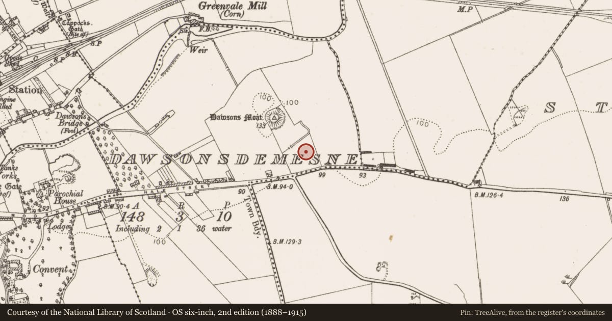 Ordnance Survey six-inch map, 2nd edition (1888–1915) covering the location of Ringfort - rath, Dawsonsdemesne, County Louth, with a pin at the register's coordinates