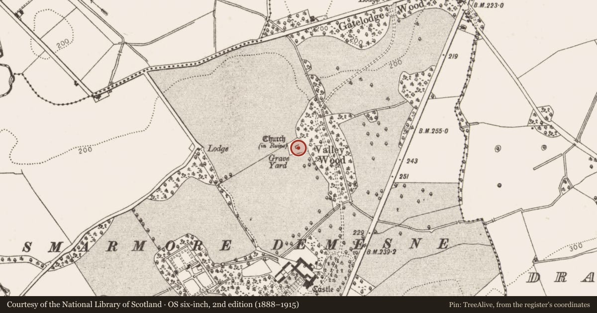 Ordnance Survey six-inch map, 2nd edition (1888–1915) covering the location of Church, Smarmore, County Louth, with a pin at the register's coordinates