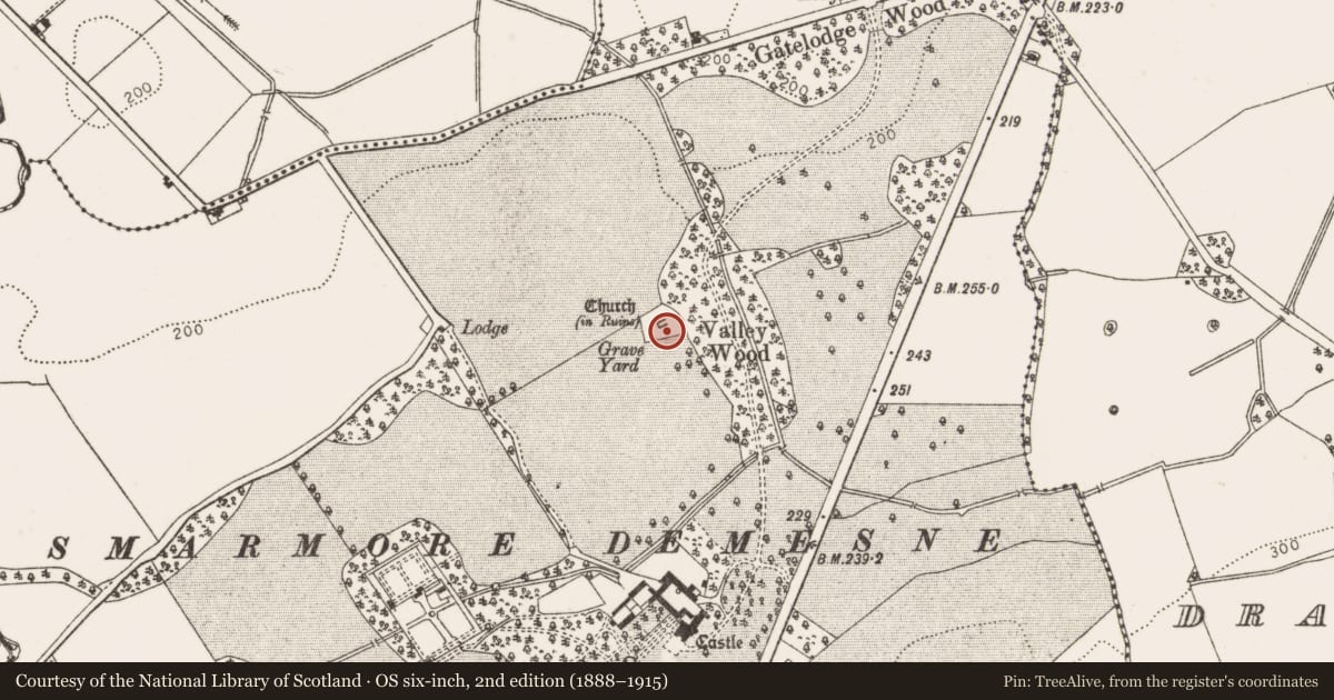 Ordnance Survey six-inch map, 2nd edition (1888–1915) covering the location of Graveyard, Smarmore, County Louth, with a pin at the register's coordinates
