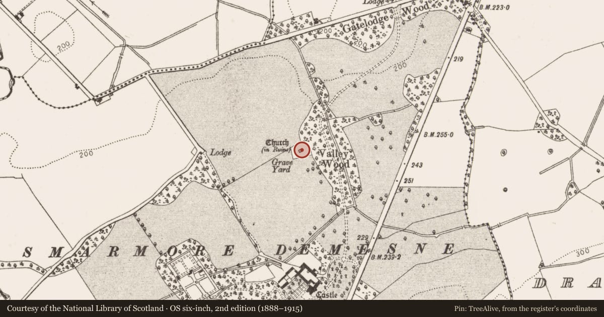 Ordnance Survey six-inch map, 2nd edition (1888–1915) covering the location of Architectural fragment, Smarmore, County Louth, with a pin at the register's coordinates