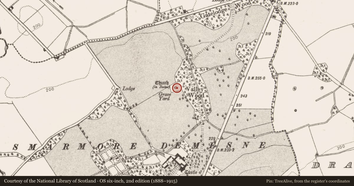 Ordnance Survey six-inch map, 2nd edition (1888–1915) covering the location of Cross-slab, Smarmore, County Louth, with a pin at the register's coordinates