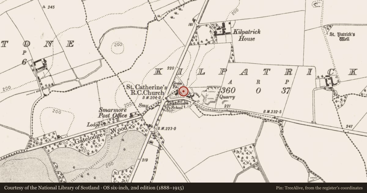 Ordnance Survey six-inch map, 2nd edition (1888–1915) covering the location of Graveyard, Drakestown, County Louth, with a pin at the register's coordinates