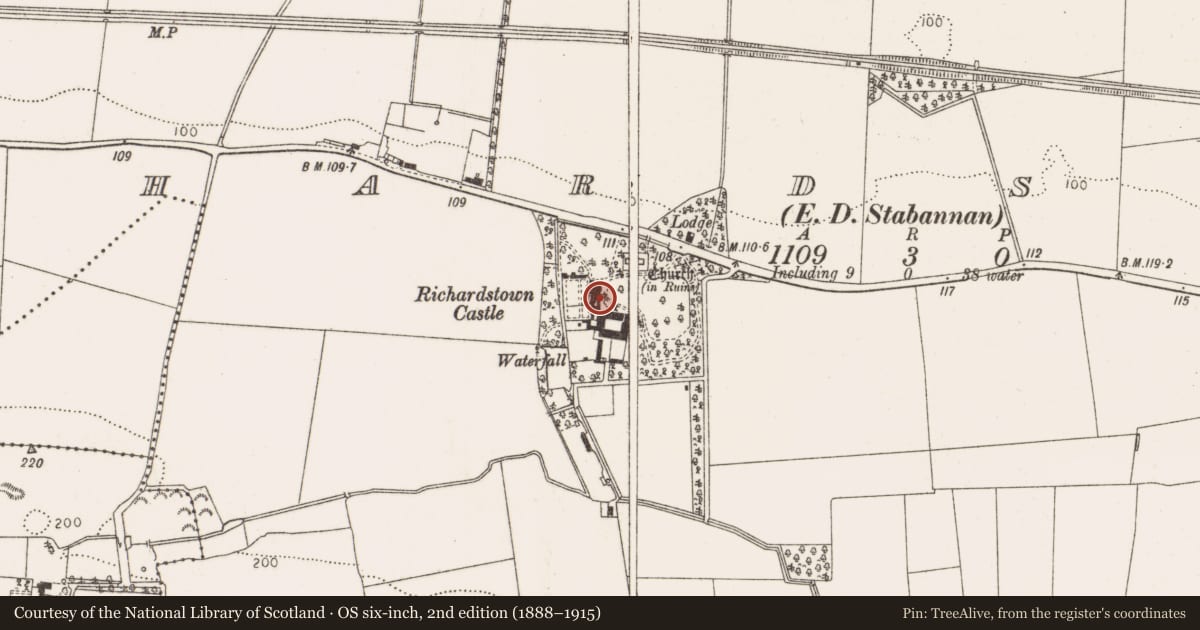 Ordnance Survey six-inch map, 2nd edition (1888–1915) covering the location of Castle - tower house, Richardstown (Ardee By., Richardstown Par.), County Louth, with a pin at the register's coordinates