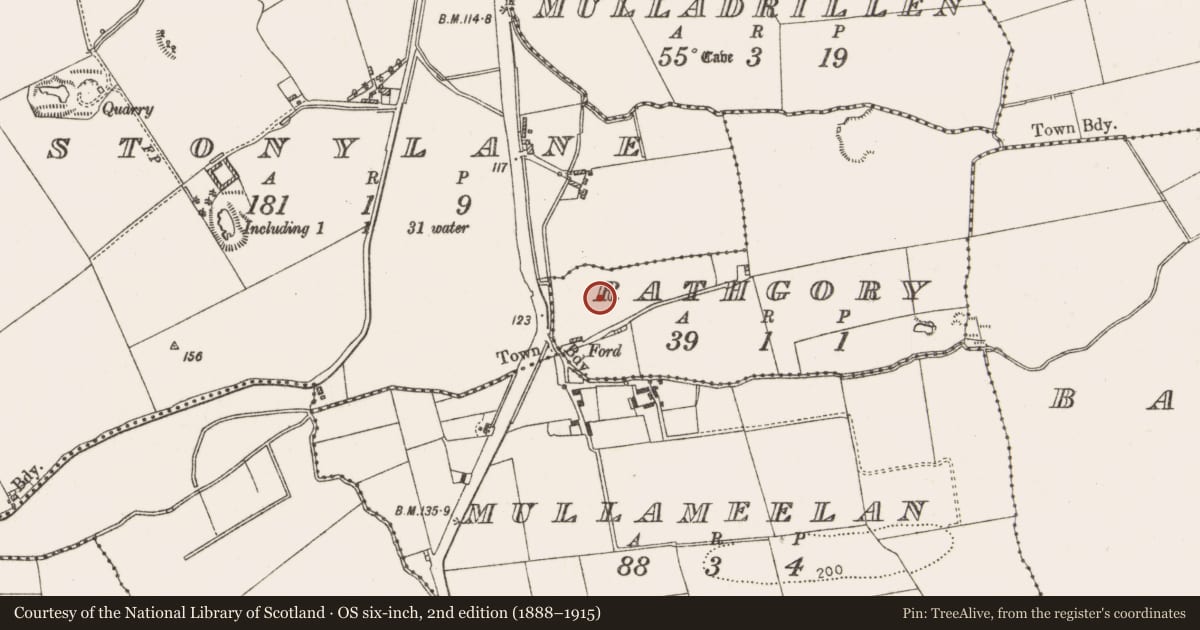 Ordnance Survey six-inch map, 2nd edition (1888–1915) covering the location of Earthwork, Rathgory (Ardee by, County Louth, with a pin at the register's coordinates