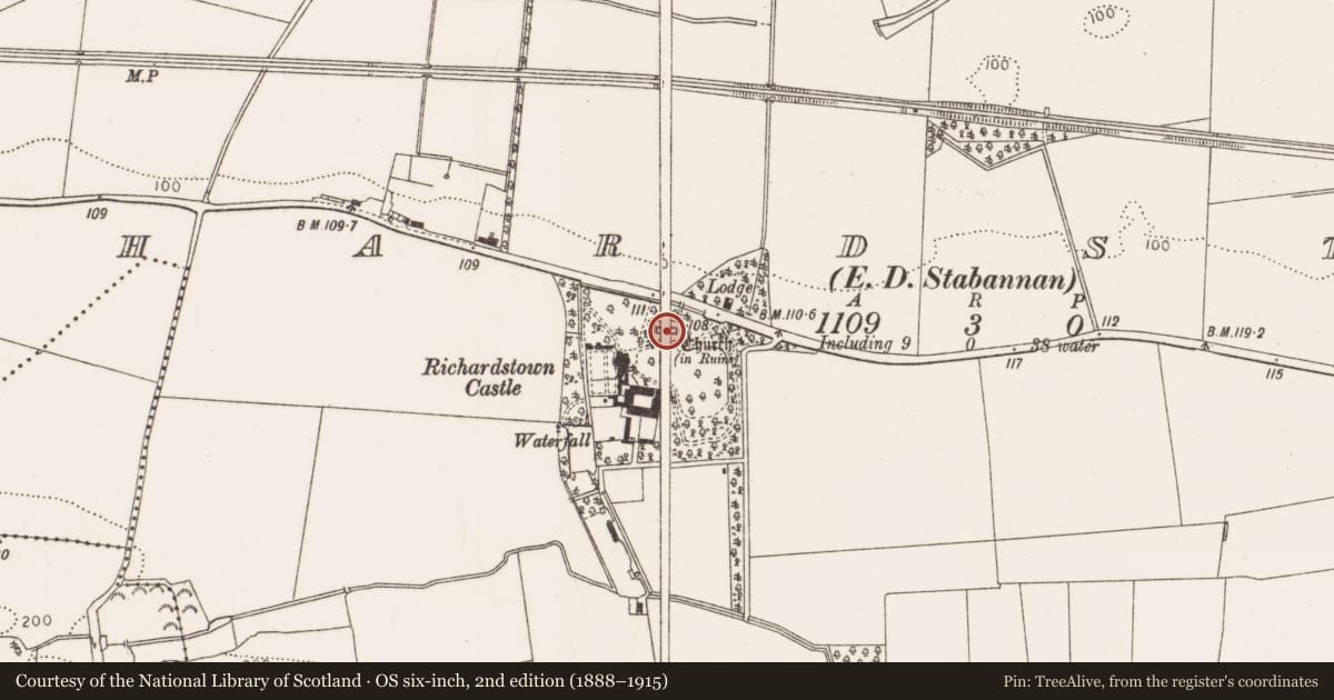 Ordnance Survey six-inch map, 2nd edition (1888–1915) covering the location of Church, Richardstown (Ardee By., Richardstown Par.), County Louth, with a pin at the register's coordinates