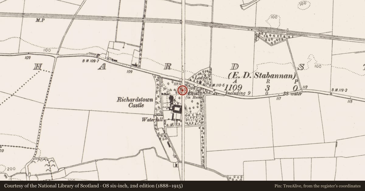 Ordnance Survey six-inch map, 2nd edition (1888–1915) covering the location of Font, Richardstown (Ardee By., Richardstown Par.), County Louth, with a pin at the register's coordinates