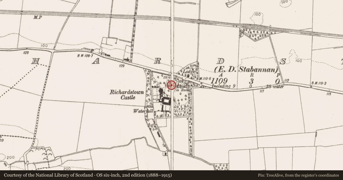 Ordnance Survey six-inch map, 2nd edition (1888–1915) covering the location of Architectural fragment, Richardstown (Ardee By., Richardstown Par.), County Louth, with a pin at the register's coordinates