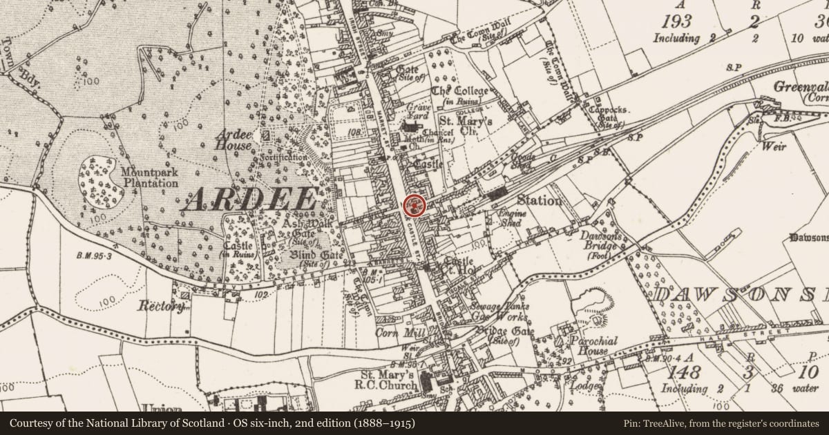 Ordnance Survey six-inch map, 2nd edition (1888–1915) covering the location of Historic town, County Louth, with a pin at the register's coordinates
