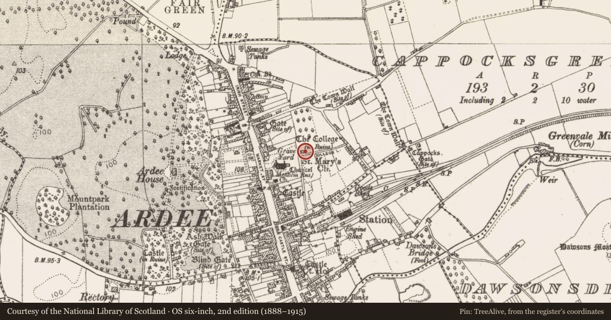 Ordnance Survey six-inch map, 2nd edition (1888–1915) covering the location of College, Townparks, County Louth, with a pin at the register's coordinates
