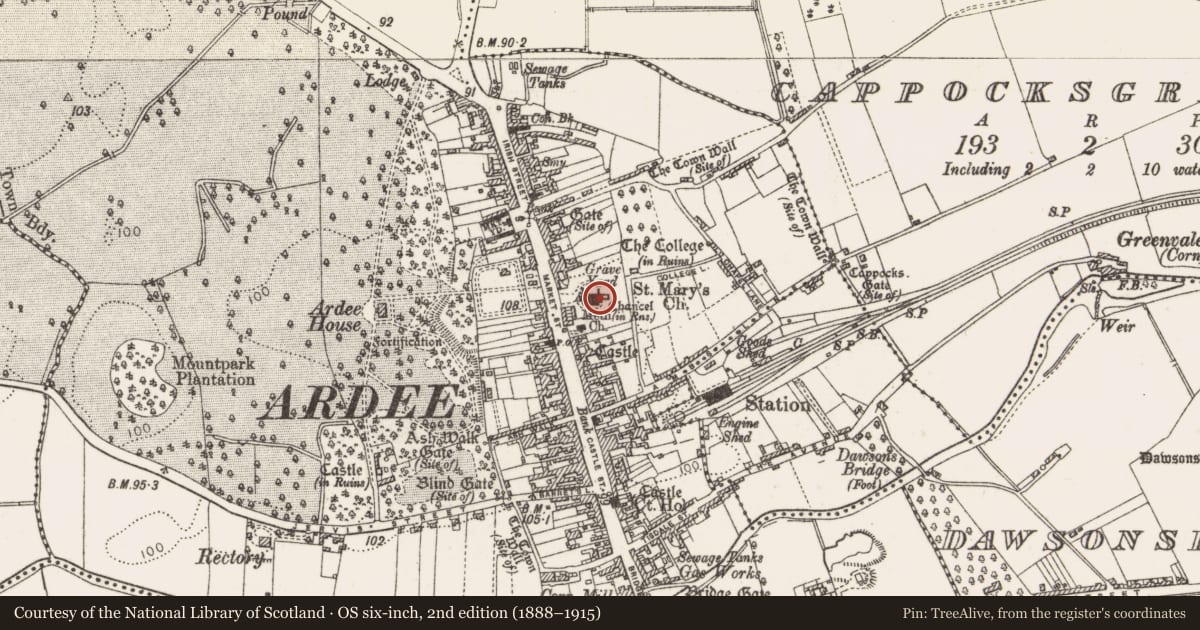 Ordnance Survey six-inch map, 2nd edition (1888–1915) covering the location of Church, Townparks, County Louth, with a pin at the register's coordinates