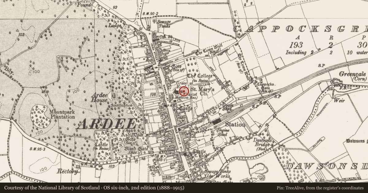 Ordnance Survey six-inch map, 2nd edition (1888–1915) covering the location of Building, Townparks, County Louth, with a pin at the register's coordinates