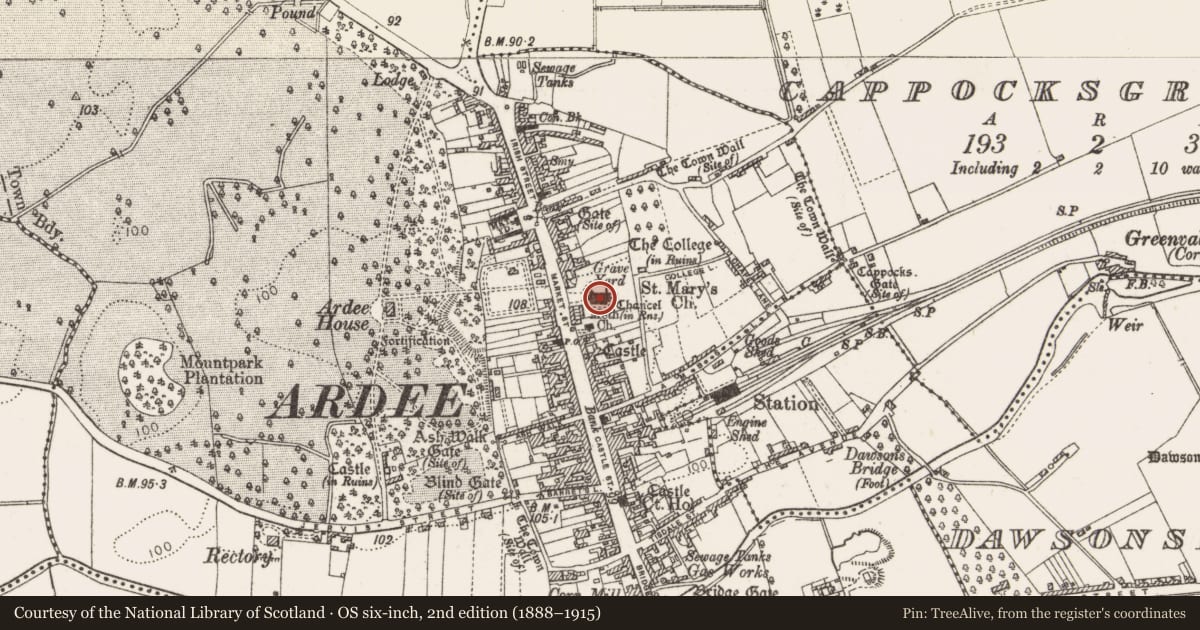 Ordnance Survey six-inch map, 2nd edition (1888–1915) covering the location of Font, Townparks, County Louth, with a pin at the register's coordinates