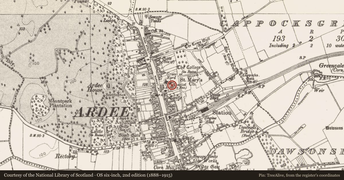 Ordnance Survey six-inch map, 2nd edition (1888–1915) covering the location of Graveslab, Townparks, County Louth, with a pin at the register's coordinates