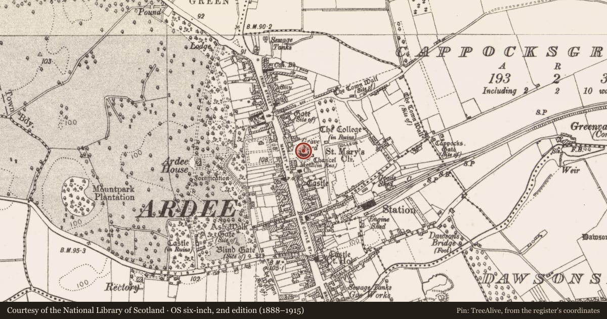 Ordnance Survey six-inch map, 2nd edition (1888–1915) covering the location of Architectural fragment, Townparks, County Louth, with a pin at the register's coordinates