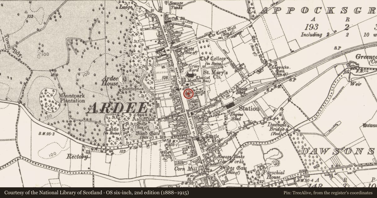 Ordnance Survey six-inch map, 2nd edition (1888–1915) covering the location of Castle - tower house, Townparks, County Louth, with a pin at the register's coordinates