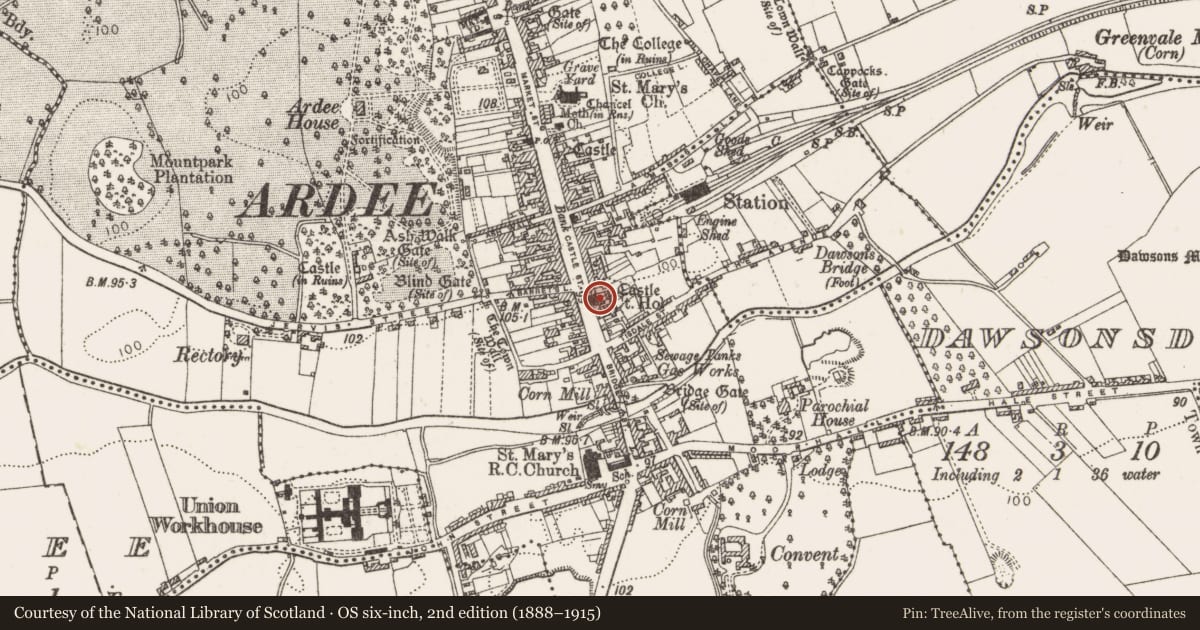 Ordnance Survey six-inch map, 2nd edition (1888–1915) covering the location of Castle - tower house, Townparks, County Louth, with a pin at the register's coordinates