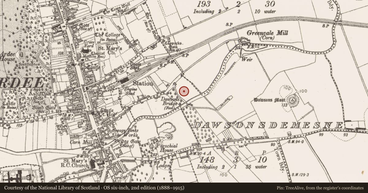 Ordnance Survey six-inch map, 2nd edition (1888–1915) covering the location of Ecclesiastical site, Dawsonsdemesne, County Louth, with a pin at the register's coordinates