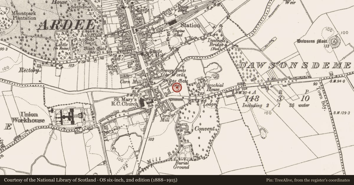 Ordnance Survey six-inch map, 2nd edition (1888–1915) covering the location of Religious house - Fratres Cruciferi, Townparks, County Louth, with a pin at the register's coordinates