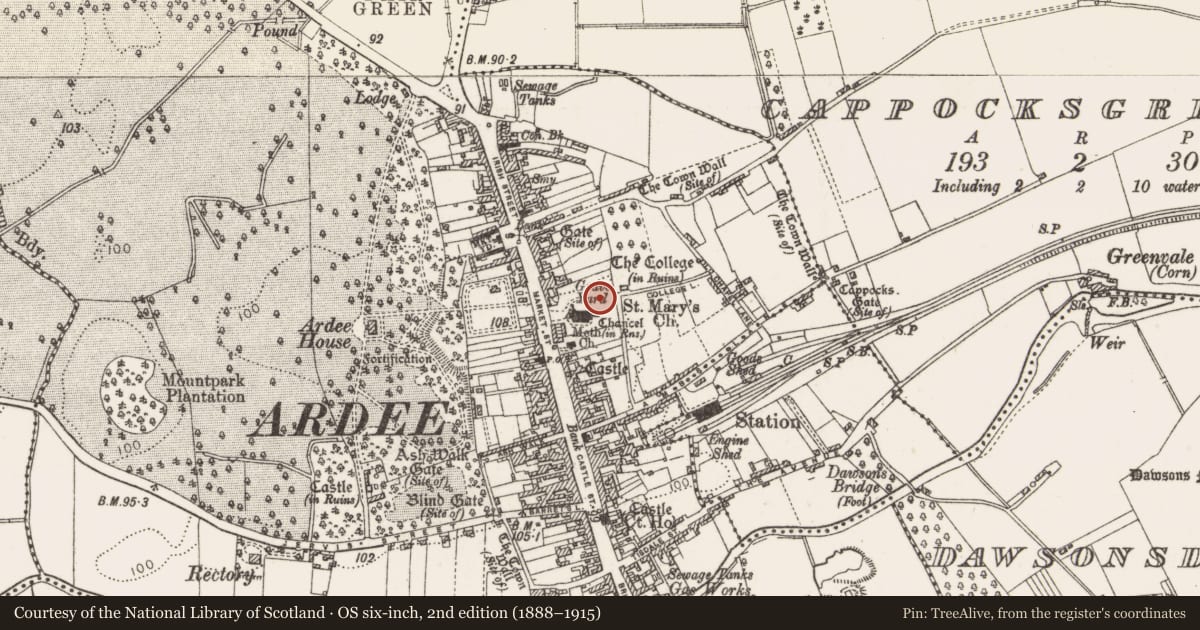 Ordnance Survey six-inch map, 2nd edition (1888–1915) covering the location of Graveslab, Townparks, County Louth, with a pin at the register's coordinates