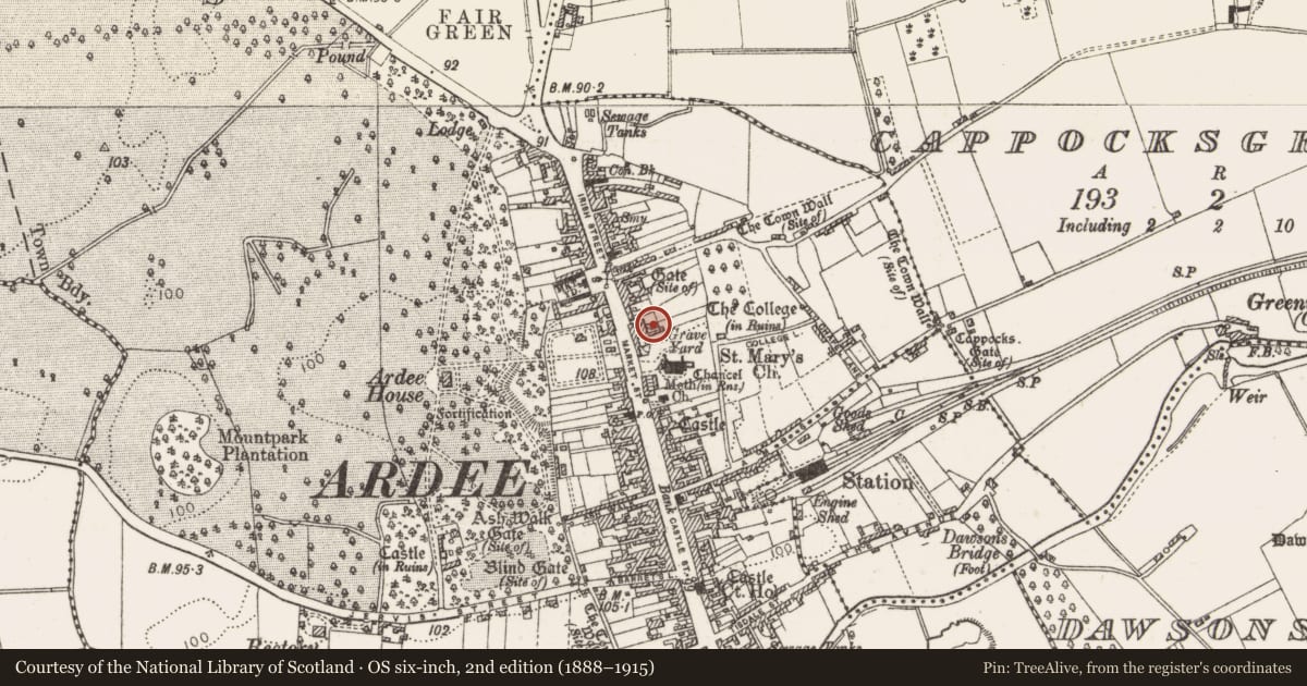 Ordnance Survey six-inch map, 2nd edition (1888–1915) covering the location of Building, Townparks, County Louth, with a pin at the register's coordinates