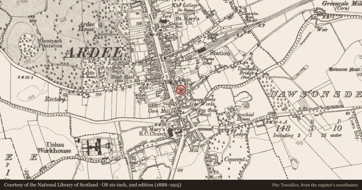 Ordnance Survey six-inch map, 2nd edition (1888–1915) covering the location of Building, Townparks, County Louth, with a pin at the register's coordinates