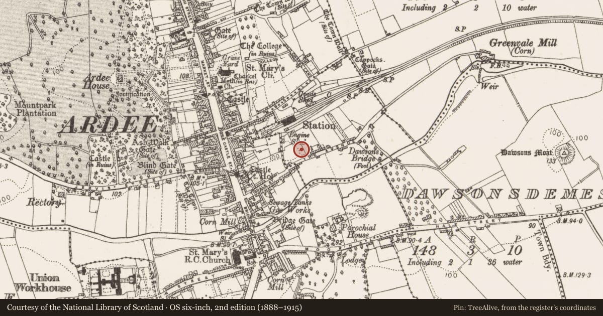 Ordnance Survey six-inch map, 2nd edition (1888–1915) covering the location of Kiln - pottery, Dawsonsdemesne, County Louth, with a pin at the register's coordinates