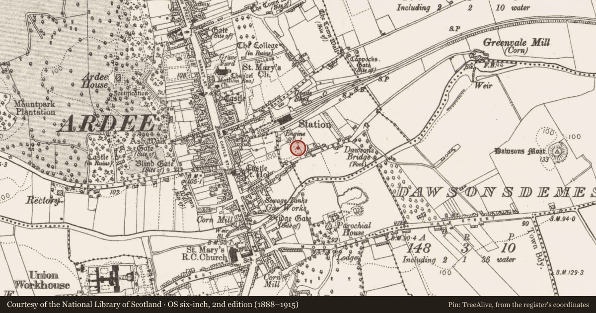 Ordnance Survey six-inch map, 2nd edition (1888–1915) covering the location of Kiln - pottery, Dawsonsdemesne, County Louth, with a pin at the register's coordinates