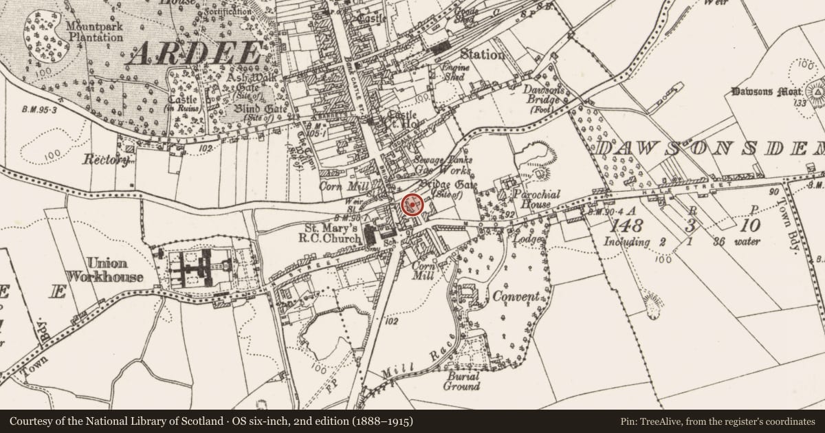 Ordnance Survey six-inch map, 2nd edition (1888–1915) covering the location of Burial, Townparks, County Louth, with a pin at the register's coordinates