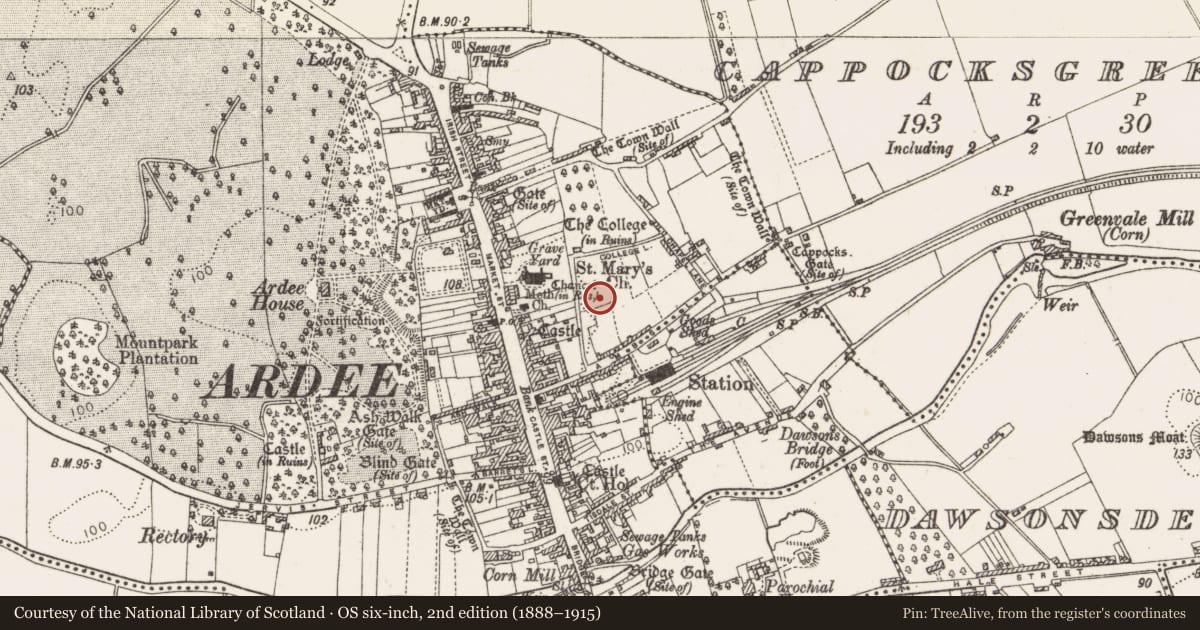 Ordnance Survey six-inch map, 2nd edition (1888–1915) covering the location of Building, Townparks, County Louth, with a pin at the register's coordinates