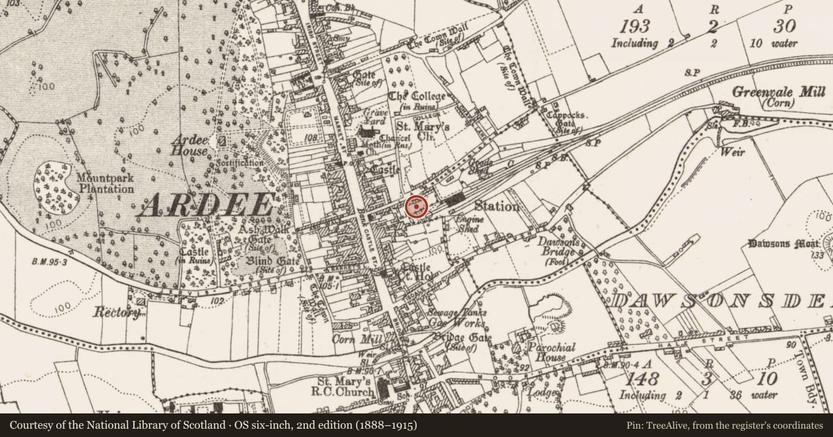 Ordnance Survey six-inch map, 2nd edition (1888–1915) covering the location of Excavation - miscellaneous, Townparks, County Louth, with a pin at the register's coordinates