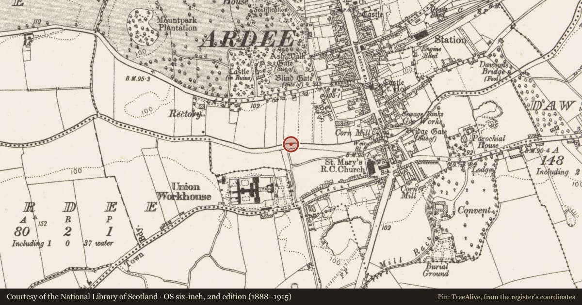 Ordnance Survey six-inch map, 2nd edition (1888–1915) covering the location of Ford, Townparks, County Louth, with a pin at the register's coordinates