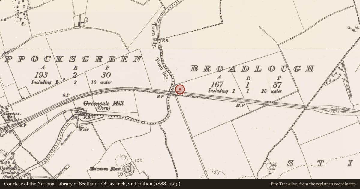 Ordnance Survey six-inch map, 2nd edition (1888–1915) covering the location of Fulacht fia, Broadlough, County Louth, with a pin at the register's coordinates