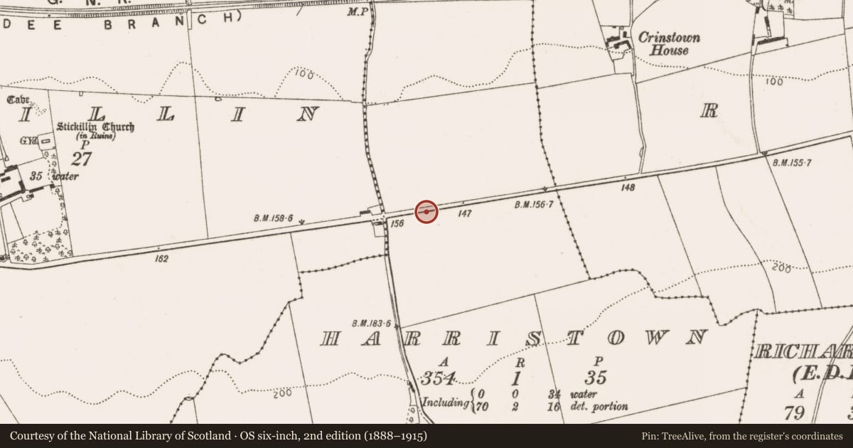 Ordnance Survey six-inch map, 2nd edition (1888–1915) covering the location of Ringfort - rath, Harristown (Ardee by, County Louth, with a pin at the register's coordinates