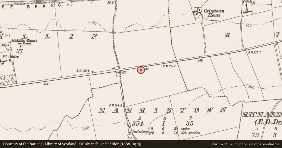 Ordnance Survey six-inch map, 2nd edition (1888–1915) covering the location of Burial ground, Harristown (Ardee by, County Louth, with a pin at the register's coordinates