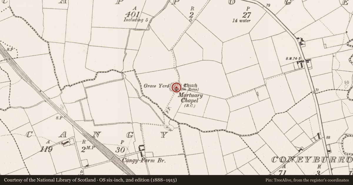Ordnance Survey six-inch map, 2nd edition (1888–1915) covering the location of Church, Cappoge, County Louth, with a pin at the register's coordinates