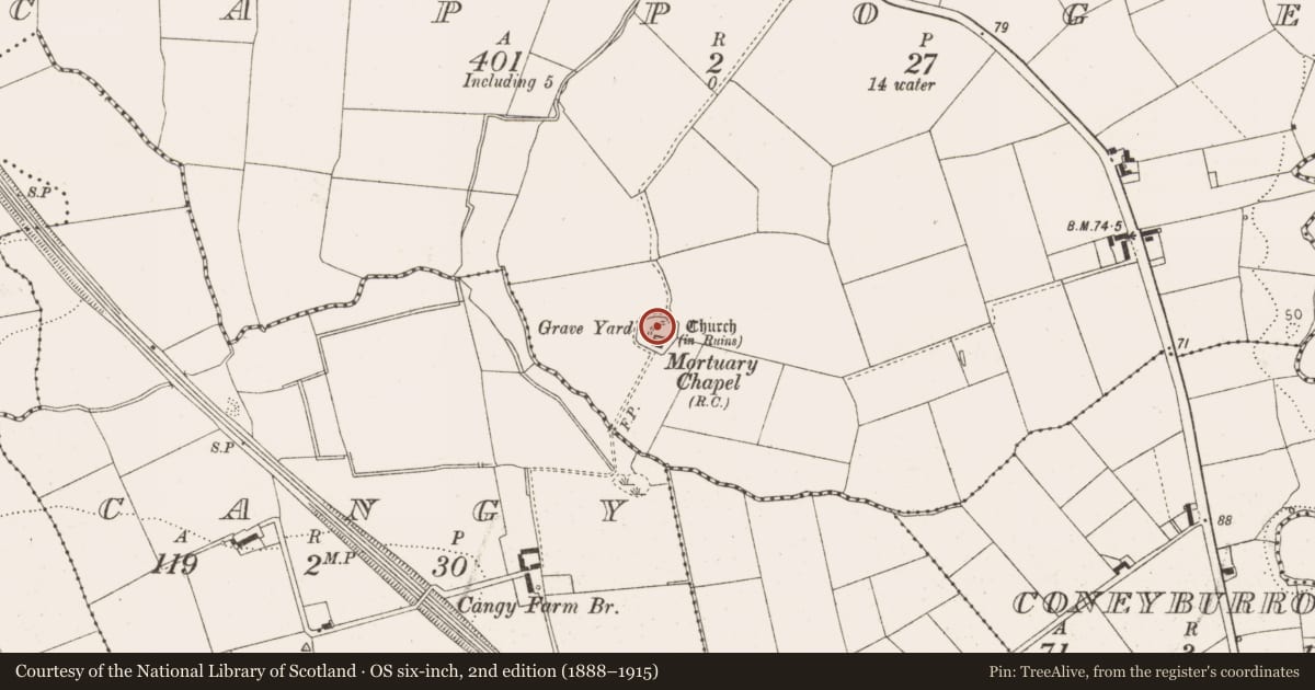 Ordnance Survey six-inch map, 2nd edition (1888–1915) covering the location of Graveyard, Cappoge, County Louth, with a pin at the register's coordinates