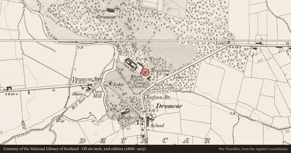 Ordnance Survey six-inch map, 2nd edition (1888–1915) covering the location of Church, Drumcar, County Louth, with a pin at the register's coordinates