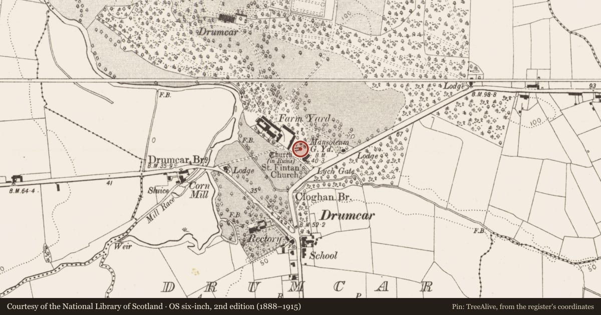 Ordnance Survey six-inch map, 2nd edition (1888–1915) covering the location of Graveyard, Drumcar, County Louth, with a pin at the register's coordinates